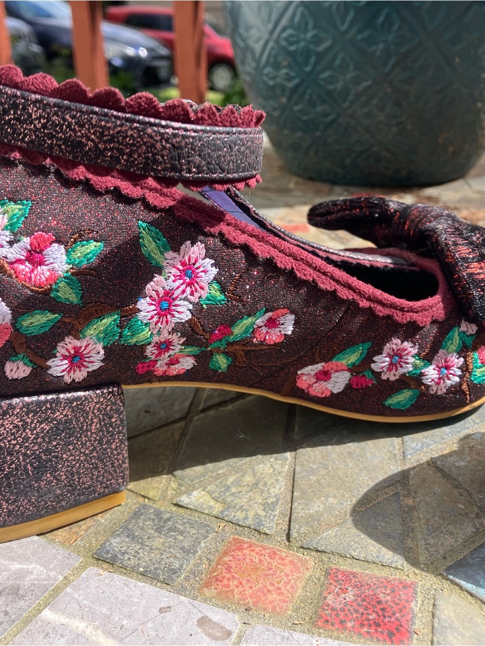 Irregular Choice Burgundy Floral T-Strap Heels with Bow, size 39 - Picture 6 of 9